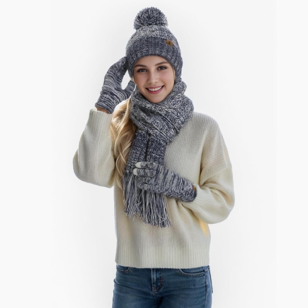 Beanie Gloves Scarf Wrap Womens Knit Winter Hat Touch Screen Gloves Cold Weather